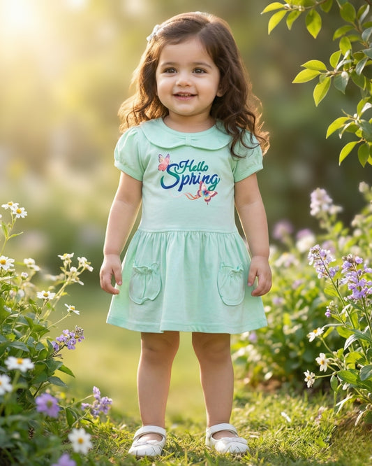 Hello Spring Half Sleeves Frock & Bloomer Pant Set | Green