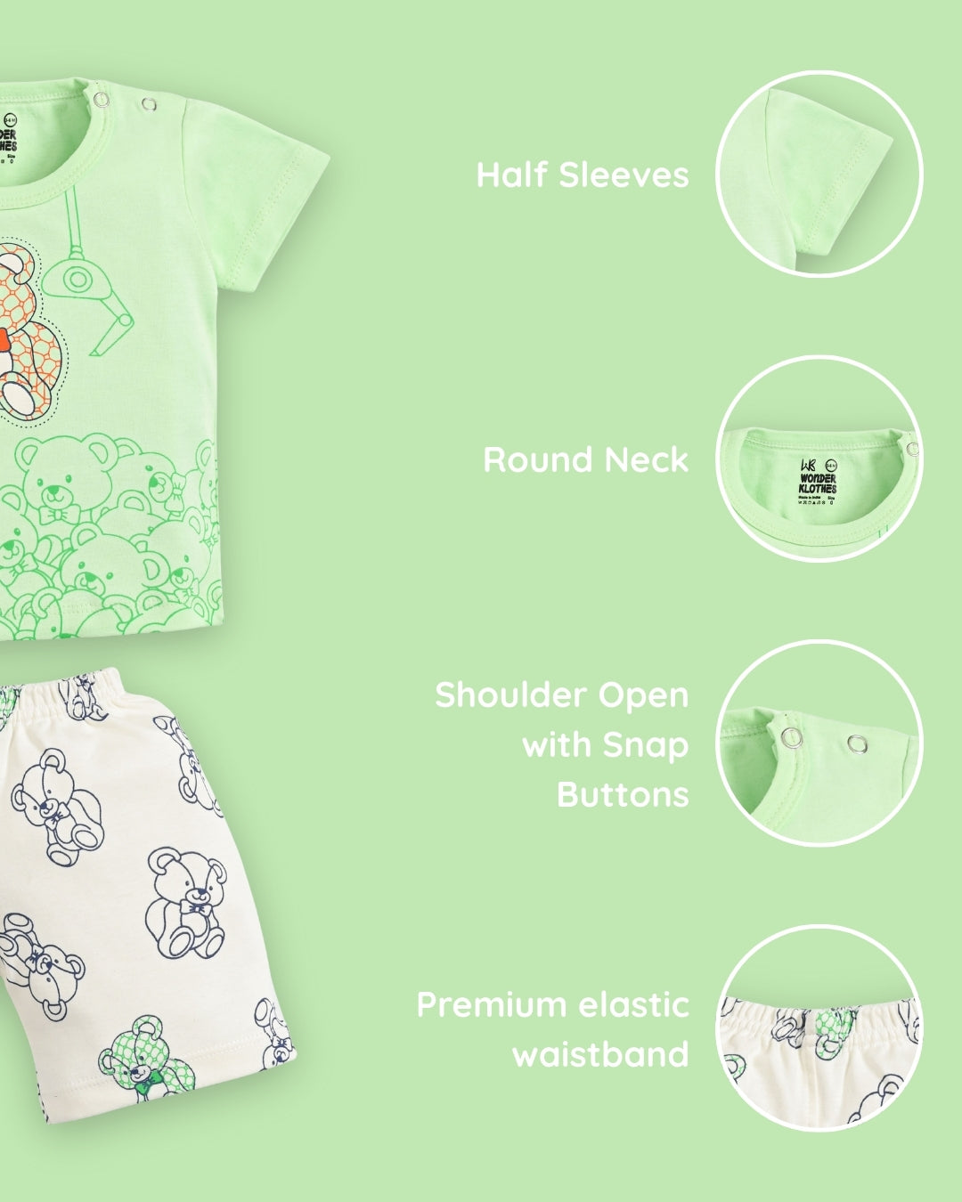 Teddy Bear Half Sleeves Shoulder Open T-Shirt & Half Pant Set | Green