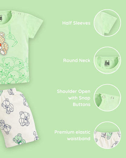 Teddy Bear Half Sleeves Shoulder Open T-Shirt & Half Pant Set | Green