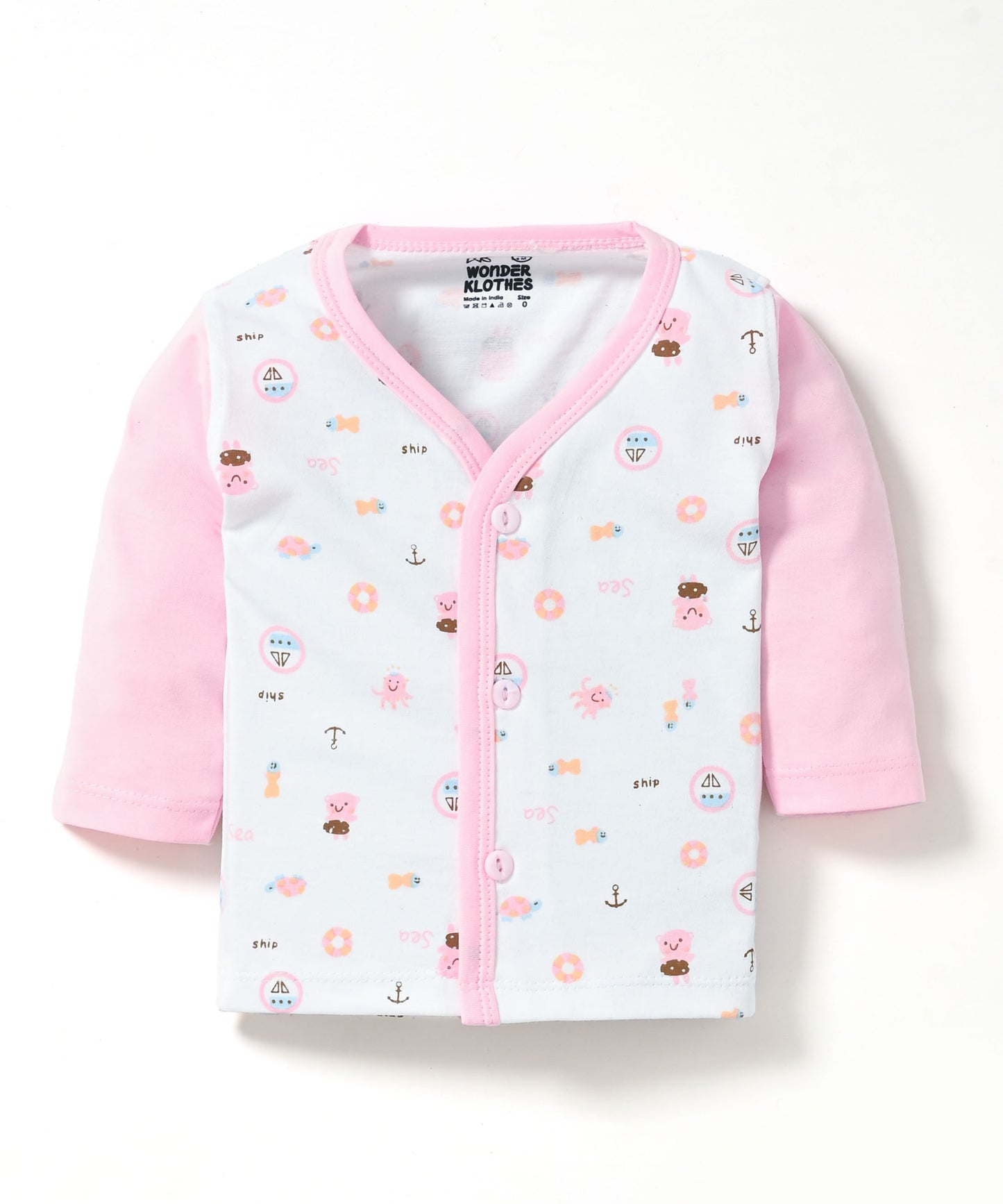 Sea Ship Full Sleeves Front Open T-Shirt & Pyjama Set with Bib | Pink