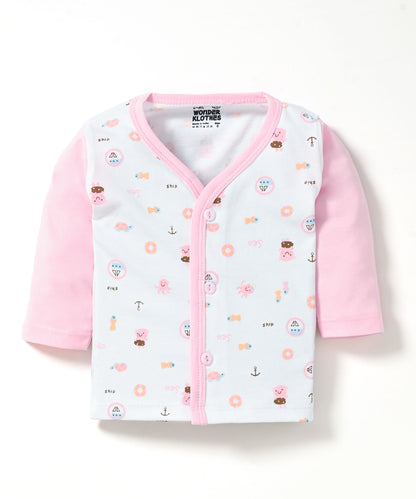 Sea Ship Full Sleeves Front Open T-Shirt & Pyjama Set with Bib | Pink