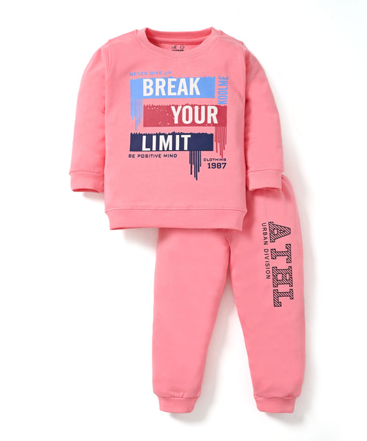 Break Your Limit Full Sleeves Fleece Sweatshirt and Joggers Set | Pink