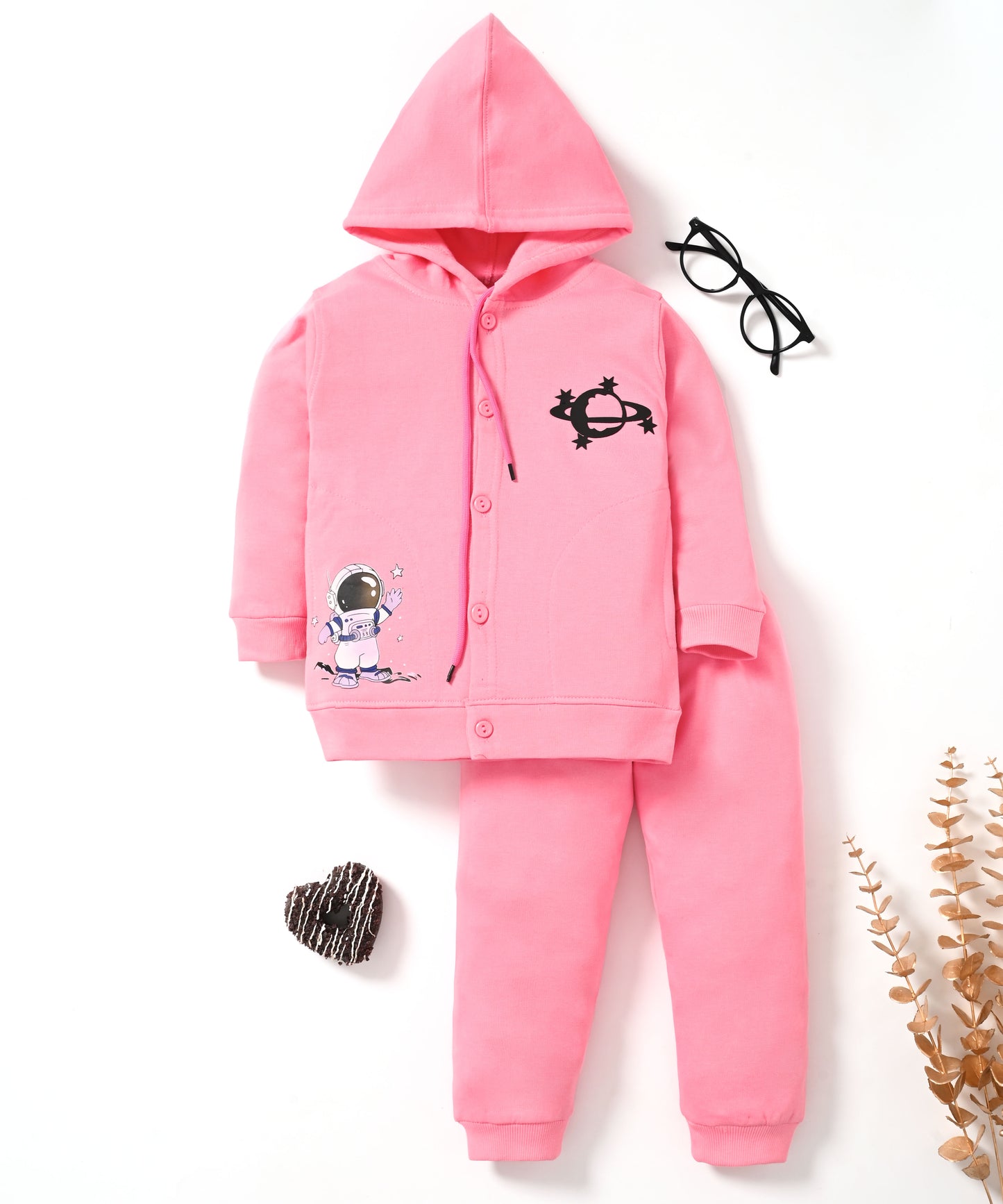 Little Astronaut Full Sleeves Fleece Front-Open Hooded Sweatshirt and Joggers Set | Pink