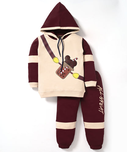 Boba Bear Full Sleeves Hooded Sweatshirt and Joggers Set | Maroon