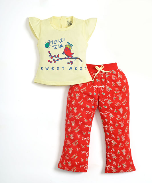 Sweet Bird Short Sleeves Top & Bootcut Pant Set | Red