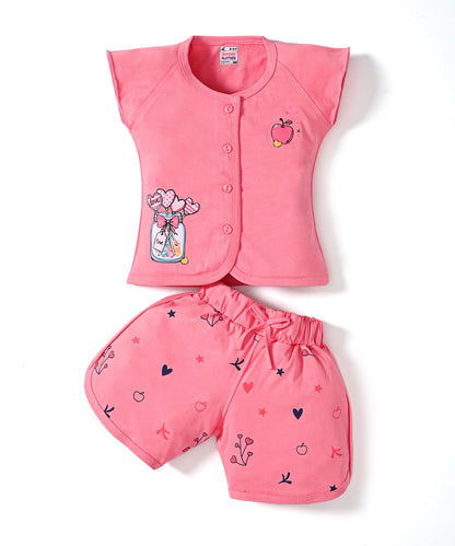 Apple Jar Raglan Short Sleeves Front Open Top & Hot Pant Set | Pink