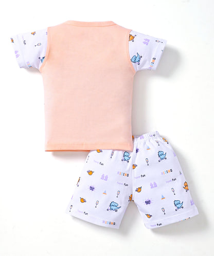 Dino Rides Half Sleeves & Sleeveless Front Open T-Shirt & Half Pant Set | Orange | Pack of 2