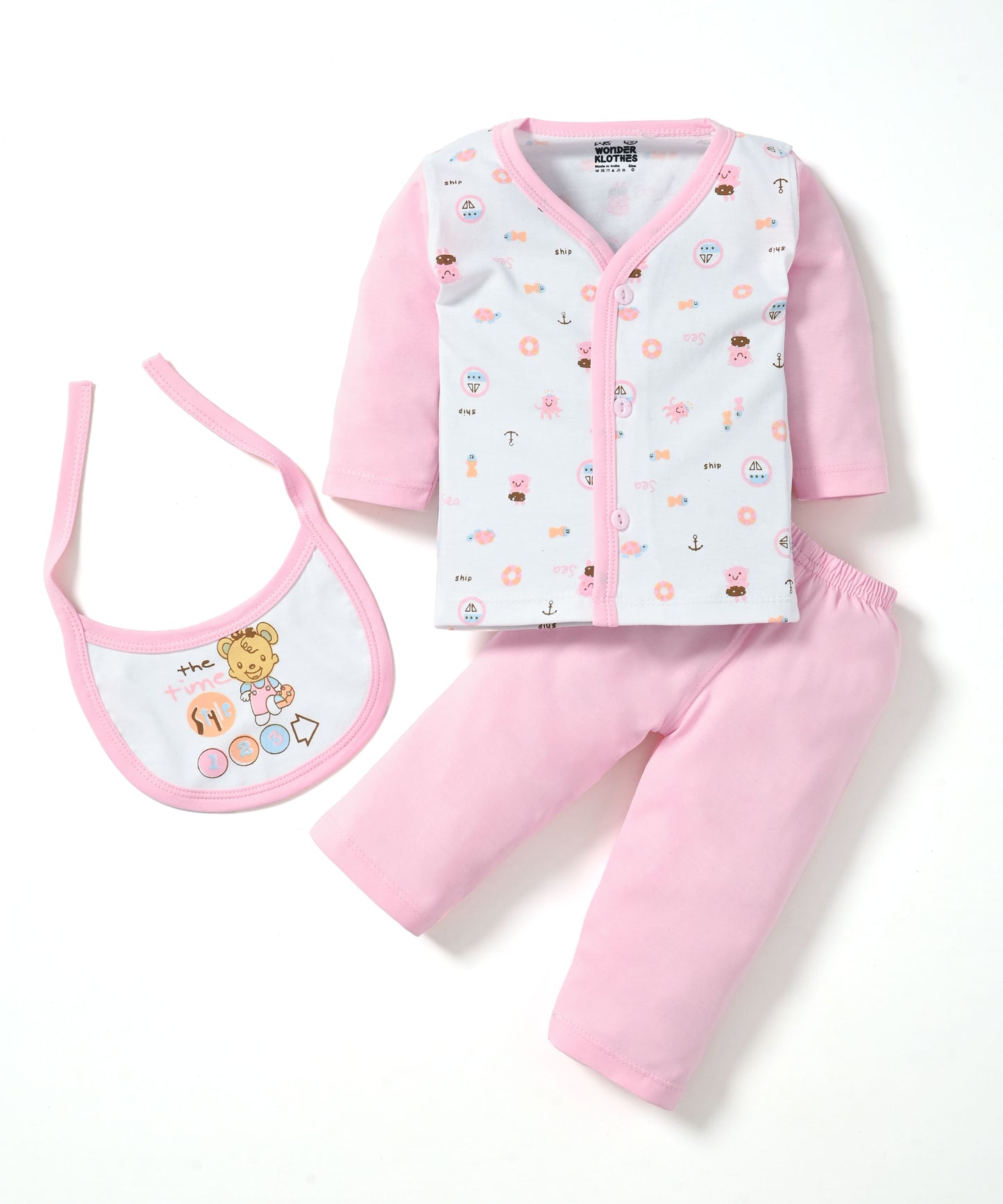Sea Ship Full Sleeves Front Open T-Shirt & Pyjama Set with Bib | Pink