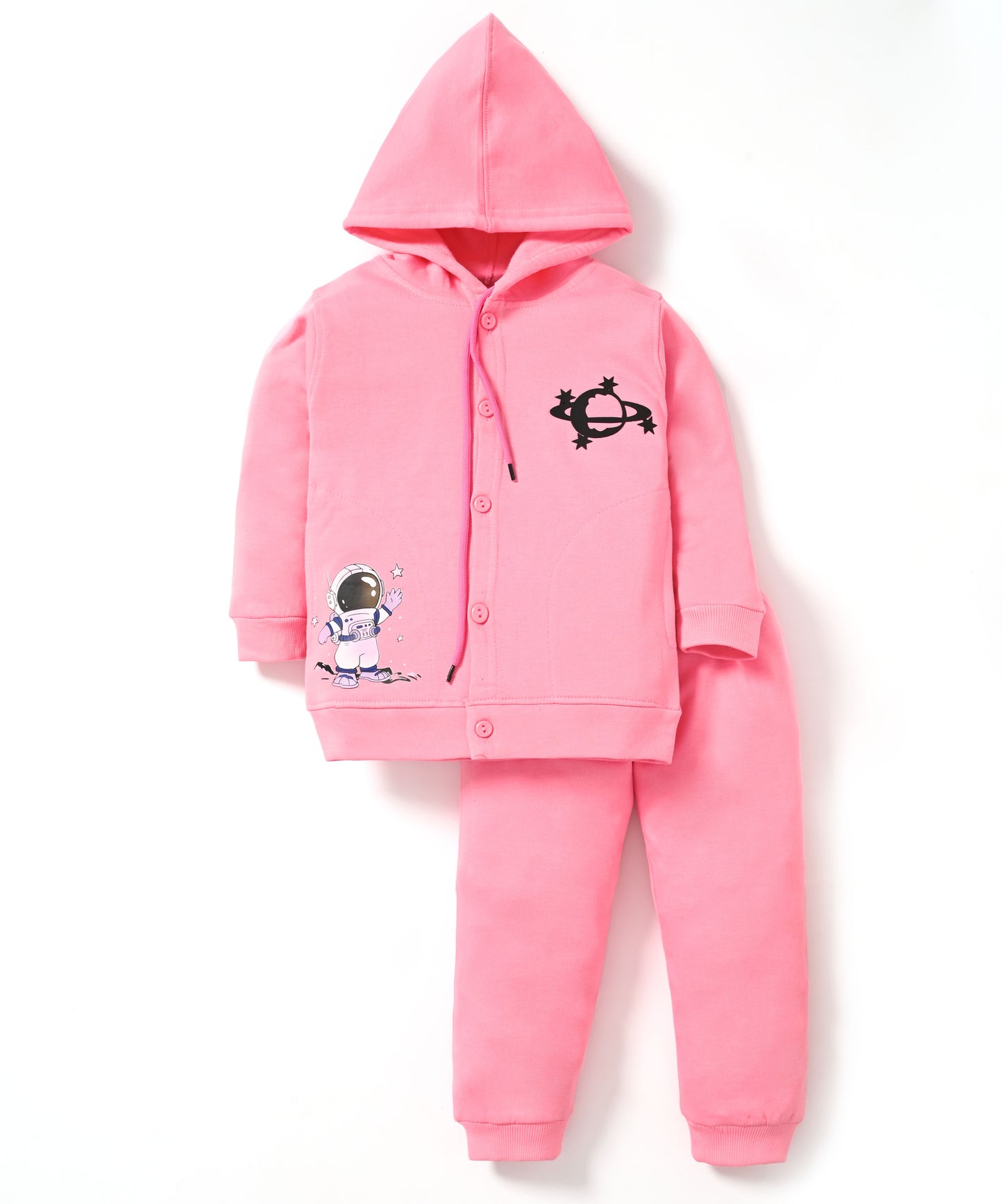 Little Astronaut Full Sleeves Fleece Front-Open Hooded Sweatshirt and Joggers Set | Pink