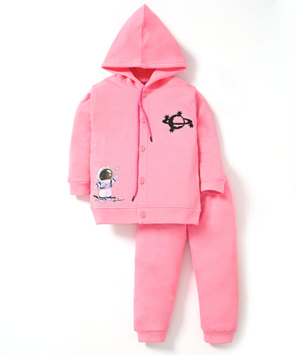 Little Astronaut Full Sleeves Fleece Front-Open Hooded Sweatshirt and Joggers Set | Pink