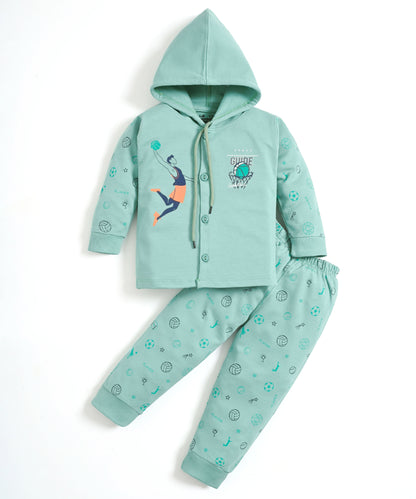Basketball Full Sleeves Front Open Hooded Sweatshirt & Joggers Set | Green