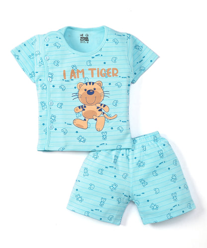 I Am Tiger Half Sleeves Front Open T-Shirt & Half Pant Set | Blue