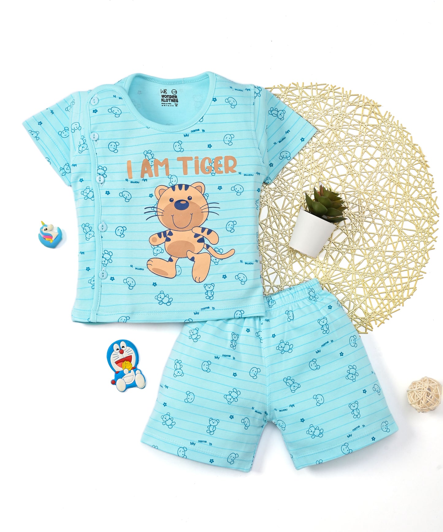 I Am Tiger Half Sleeves Front Open T-Shirt & Half Pant Set | Blue