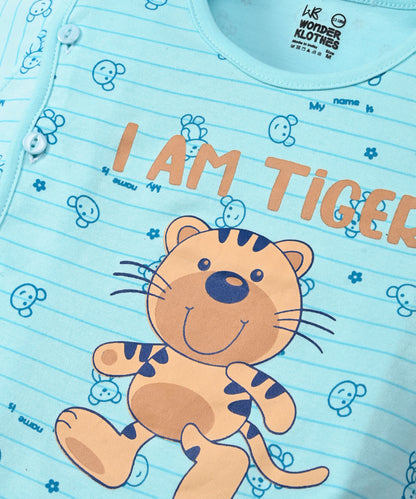 I Am Tiger Half Sleeves Front Open T-Shirt & Half Pant Set | Blue