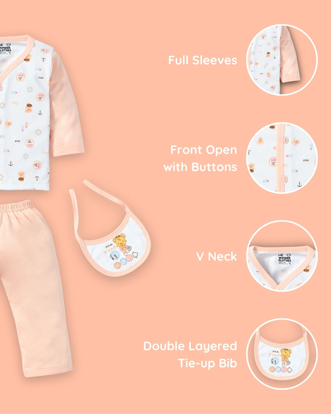 Sea Ship Full Sleeves Front Open T-Shirt & Pyjama Set with Bib | Orange