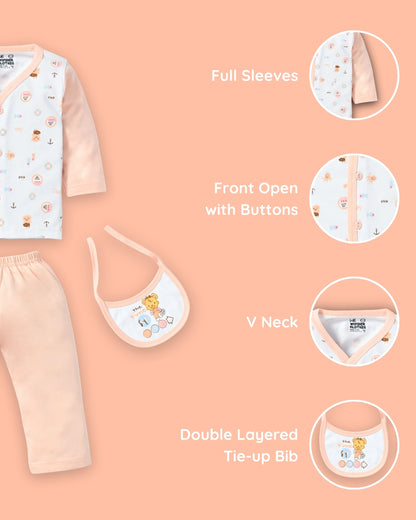 Sea Ship Full Sleeves Front Open T-Shirt & Pyjama Set with Bib | Orange