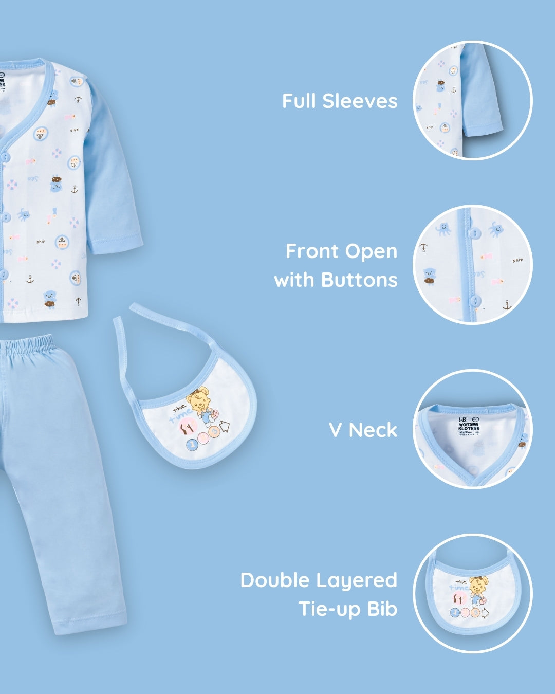 Sea Ship Full Sleeves Front Open T-Shirt & Pyjama Set with Bib | Blue
