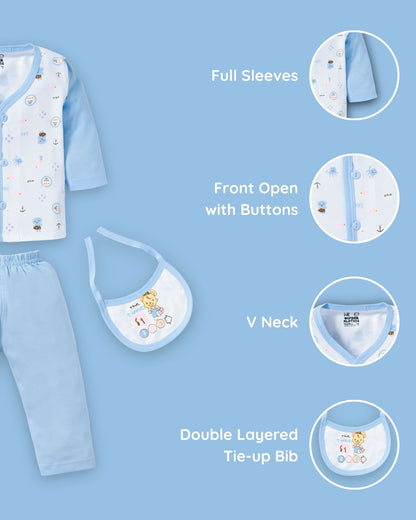 Sea Ship Full Sleeves Front Open T-Shirt & Pyjama Set with Bib | Blue