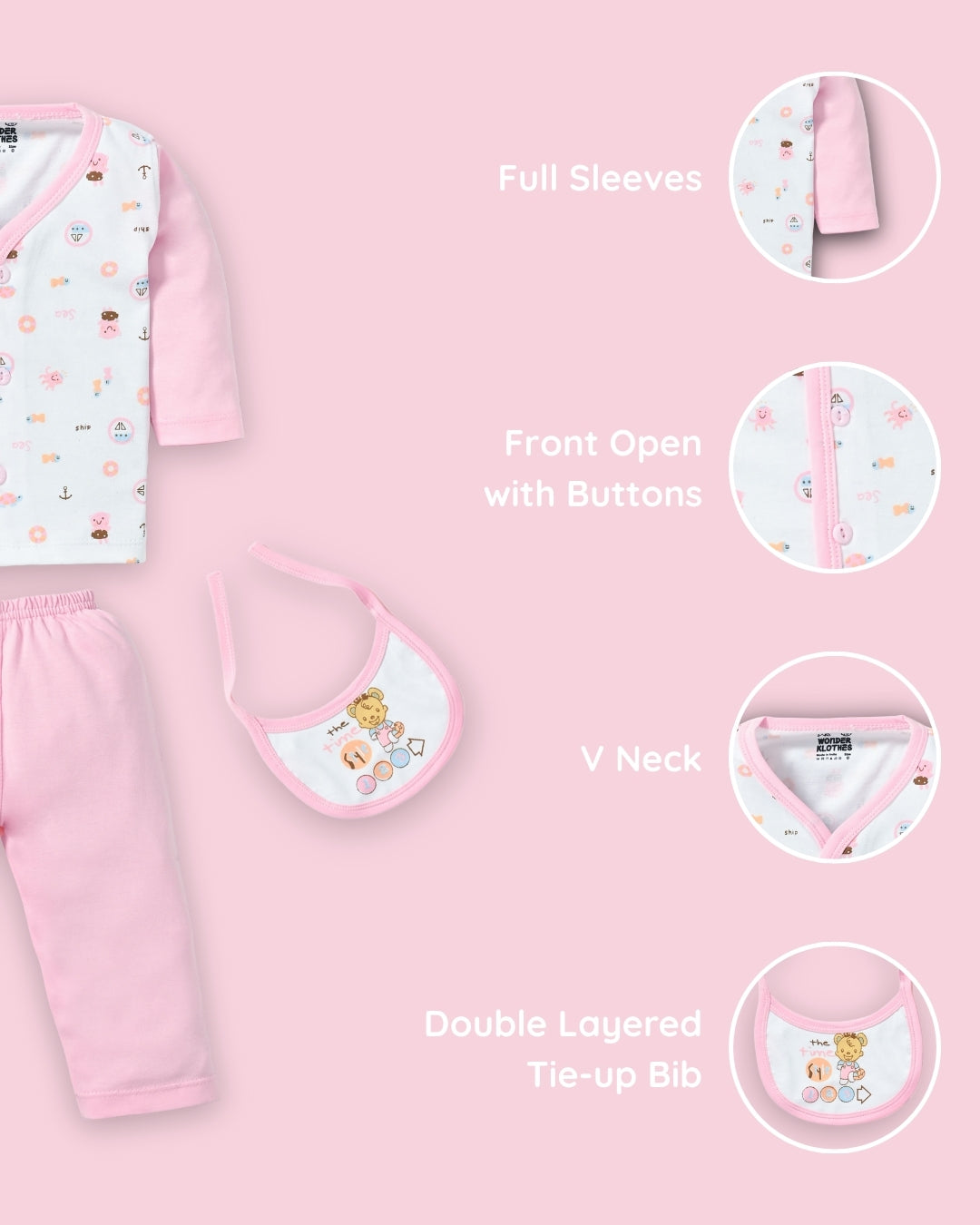 Sea Ship Full Sleeves Front Open T-Shirt & Pyjama Set with Bib | Pink