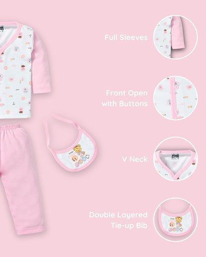 Sea Ship Full Sleeves Front Open T-Shirt & Pyjama Set with Bib | Pink