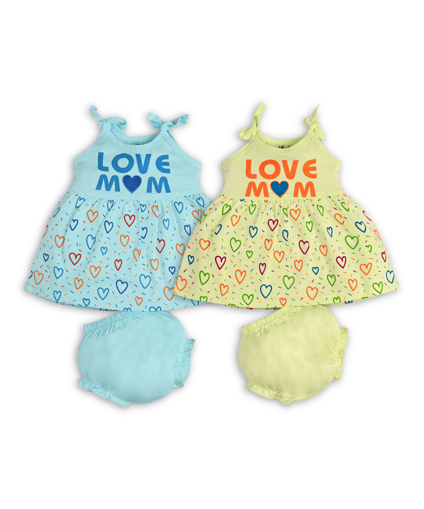 Love Mom Bandhani Straps Frock & Bloomer Pant Set | Green & Blue | Pack of 2