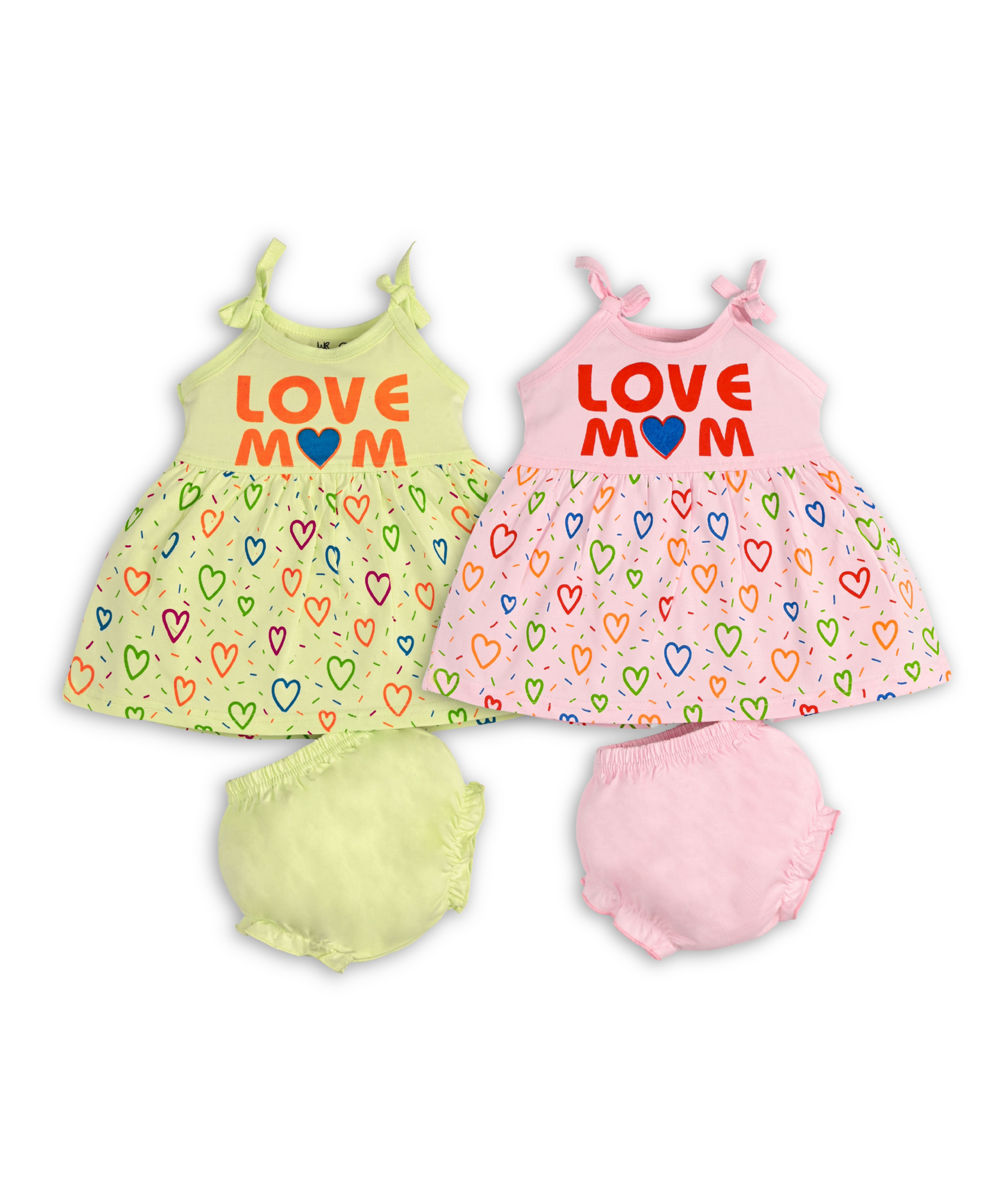 Love Mom Bandhani Straps Frock & Bloomer Pant Set | Green & Pink | Pack of 2