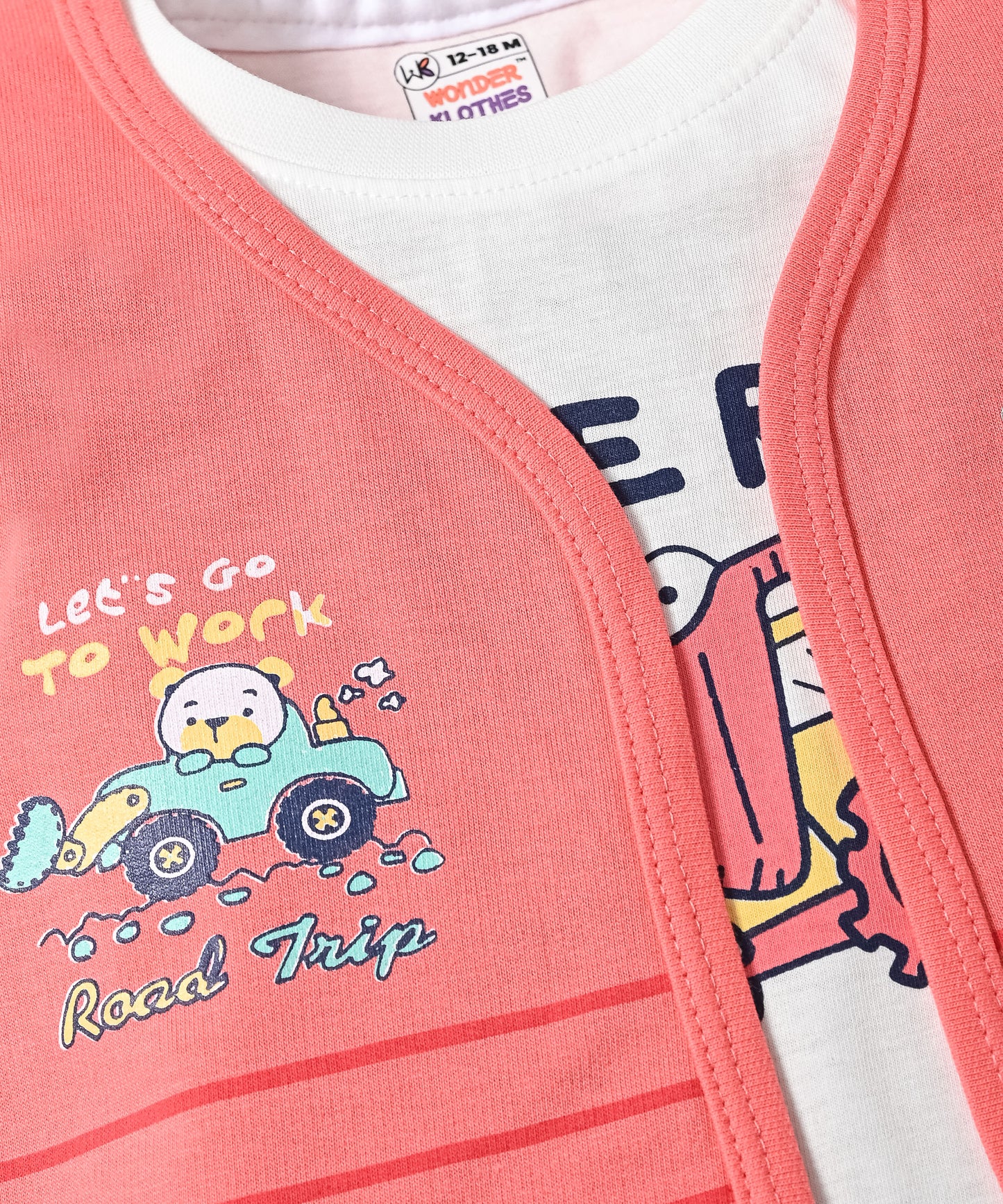 Driving Bear 3-Piece Half Sleeves T-Shirt & Half Pant Set with Sleeveless Jacket | Pink
