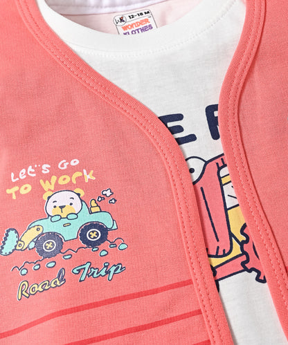 Driving Bear 3-Piece Half Sleeves T-Shirt & Half Pant Set with Sleeveless Jacket | Pink