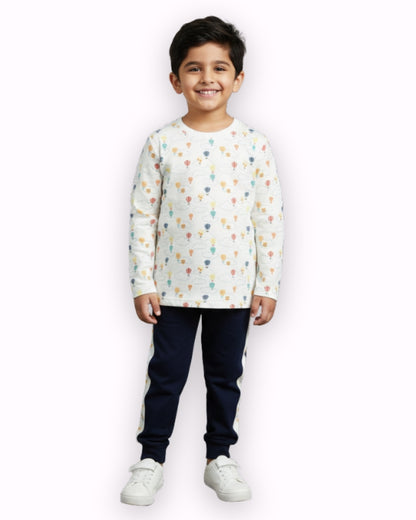 Hot Air Balloon and Moon Space Full Sleeves T-Shirt & Pyjama Set | Pack of 2