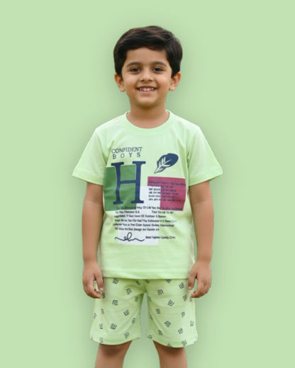 Feather Half Sleeves T-Shirt & Half Pant Set | Green