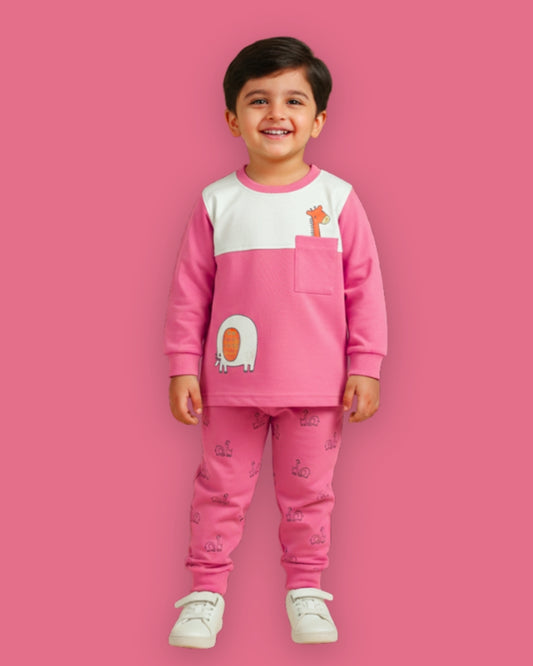 Jungle Buddies Full Sleeves Sweatshirt & Joggers Set | Pink