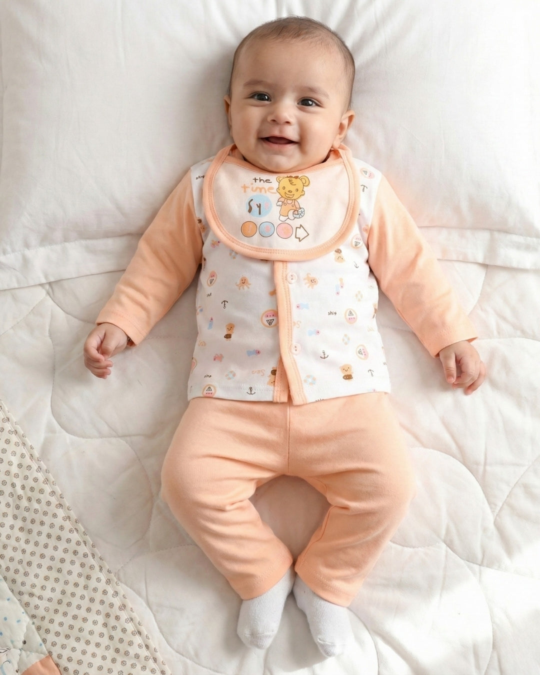 Sea Ship Full Sleeves Front Open T-Shirt & Pyjama Set with Bib | Orange