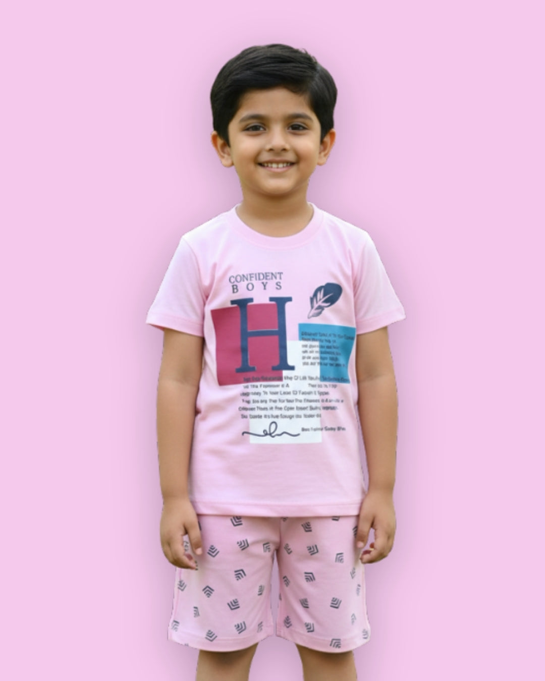 Feather Half Sleeves T-Shirt & Half Pant Set | Pink