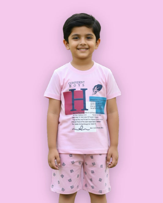 Feather Half Sleeves T-Shirt & Half Pant Set | Pink