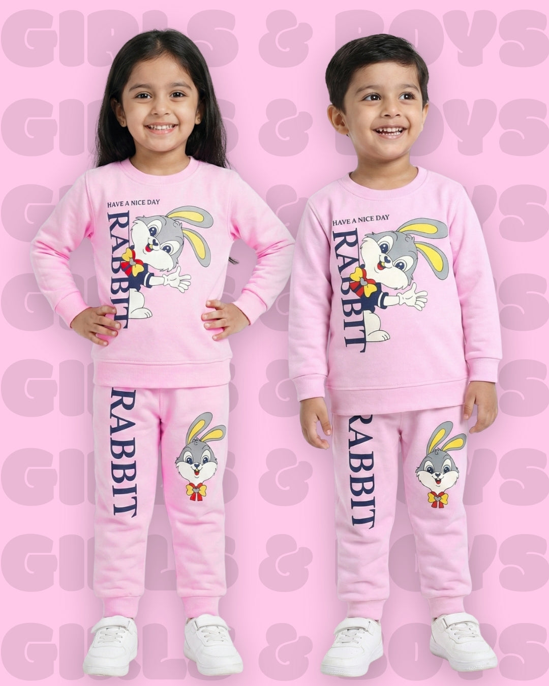 Rabbit Full Sleeves Sweatshirt and Joggers Set | Pink