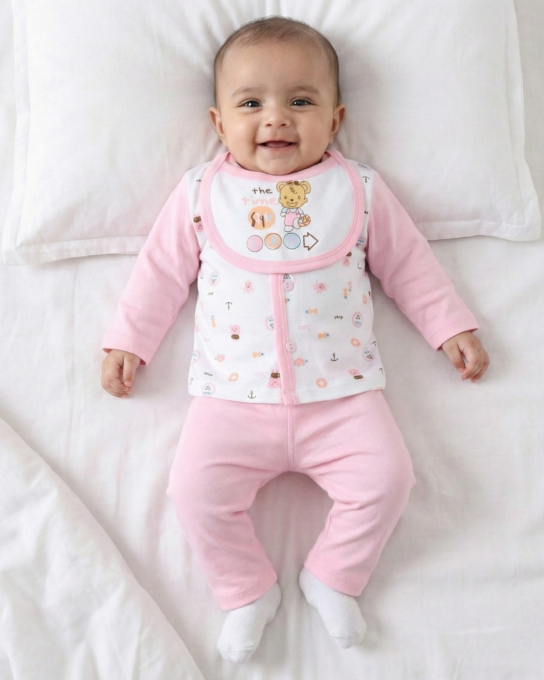 Sea Ship Full Sleeves Front Open T-Shirt & Pyjama Set with Bib | Pink