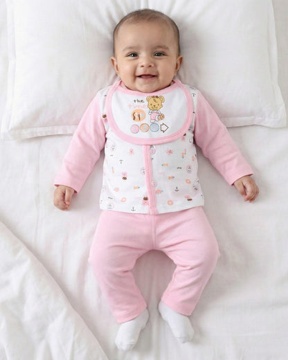 Sea Ship Full Sleeves Front Open T-Shirt & Pyjama Set with Bib | Pink