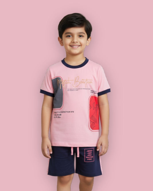 Miftah Half Sleeves T-Shirt & Half Pant Set | Pink