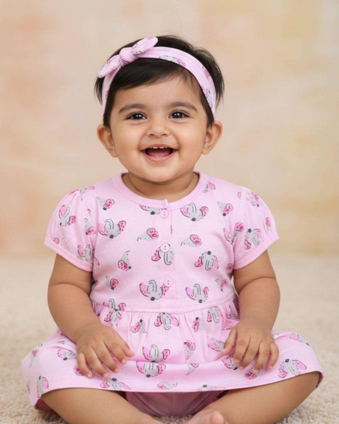 Elephant Half Sleeves Frock & Bloomer Pant Set | Pink