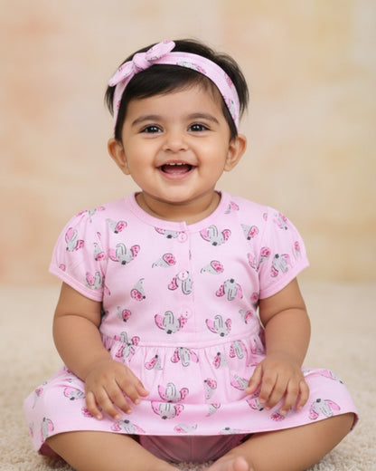 Elephant Half Sleeves Frock & Bloomer Pant Set | Pink