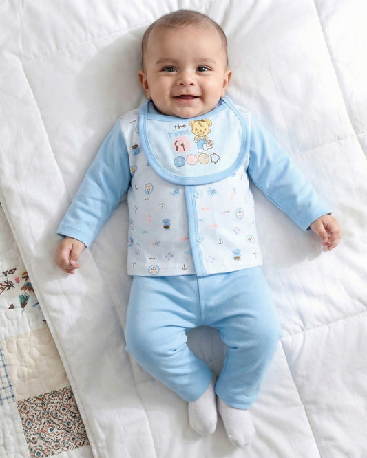 Sea Ship Full Sleeves Front Open T-Shirt & Pyjama Set with Bib | Blue