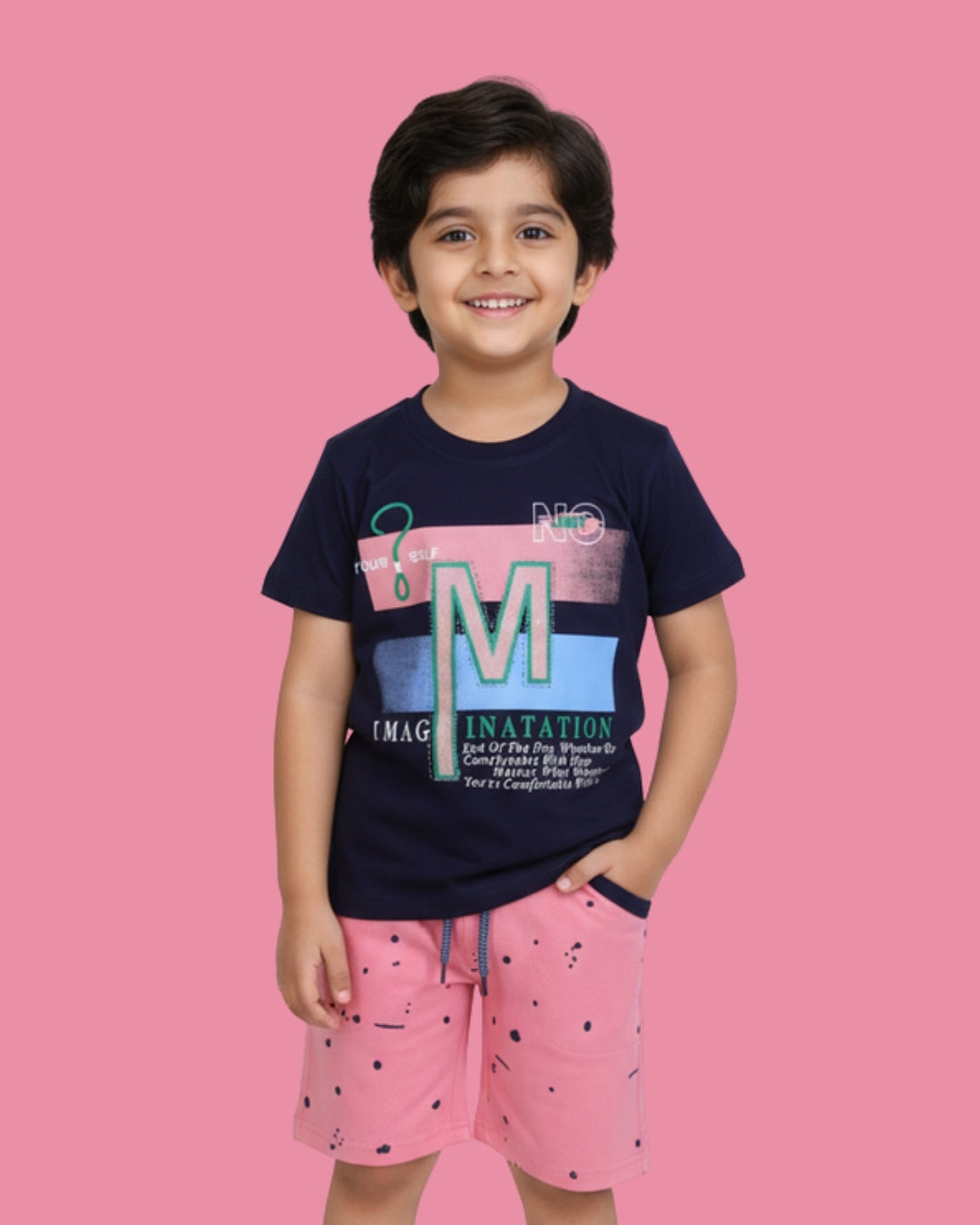 Imagination Half Sleeves T-Shirt & Shorts Set | Pink