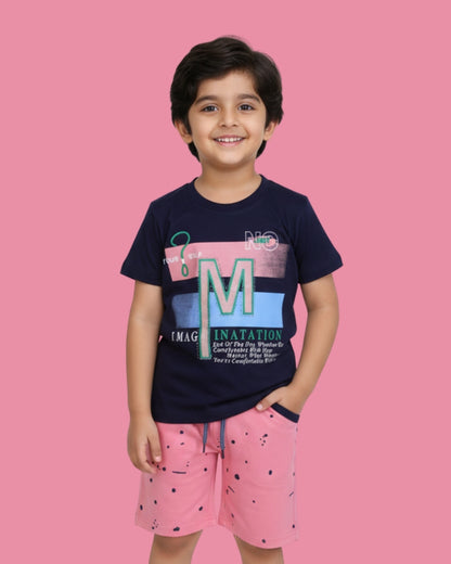Imagination Half Sleeves T-Shirt & Shorts Set | Pink