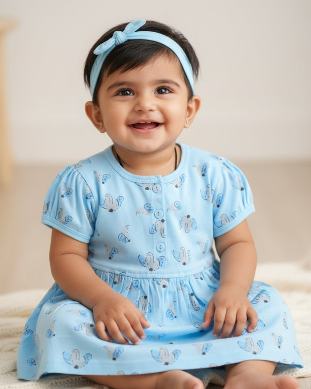 Elephant Half Sleeves Frock & Bloomer Pant Set | Blue