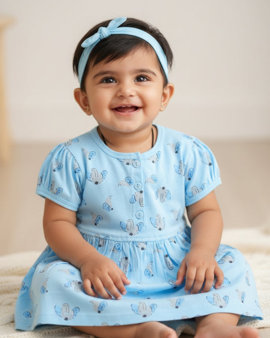 Elephant Half Sleeves Frock & Bloomer Pant Set | Blue