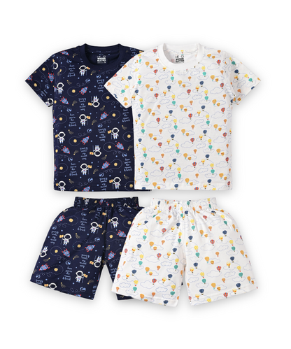 Moon Space and Hot Air Balloon Half Sleeves T-Shirt & Half Pant Set | Pack of 2