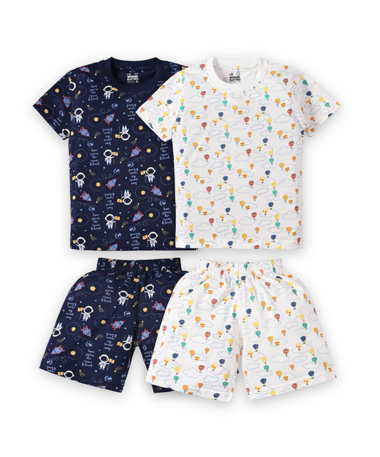 Moon Space and Hot Air Balloon Half Sleeves T-Shirt & Half Pant Set | Pack of 2