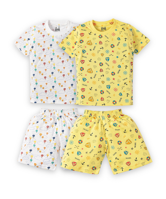 Hot Air Balloon and Surfing Beach Half Sleeves T-Shirt & Half Pant Set | Pack of 2